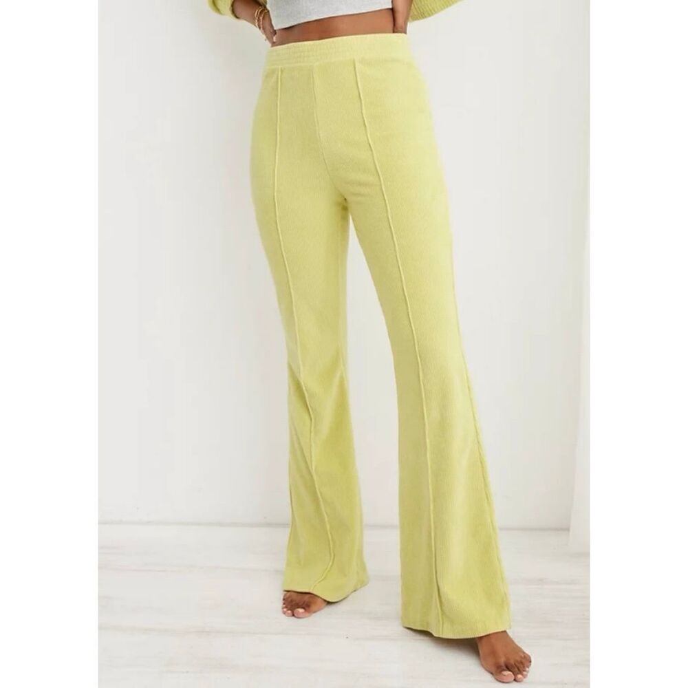 Aerie Groove-On Ribbed Velour‎ Flare Pants Soft Neon XS Tall Long
